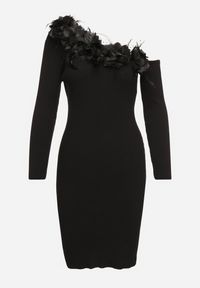 Born2be - Czarna Sweterkowa Sukienka z Wiskozą o Asymetrycznym Kroju z Kwiatami 3D i Piórami Nellyra. Kolor: czarny. Materiał: wiskoza. Wzór: kwiaty. Typ sukienki: asymetryczne #3