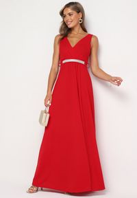 Born2be - Bordowa Sukienka Rozkloszowana Maxi z Paskiem w Cyrkonie i Wycięciem Neorise. Kolor: czerwony. Materiał: materiał. Wzór: aplikacja. Długość: maxi #6