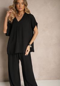 Renee - Czarny Bawełniany Komplet Spodnie o Szerokim Kroju i T-shirt Oversize Seltebis. Kolor: czarny. Materiał: bawełna. Wzór: aplikacja, gładki, kolorowy #4