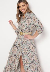 Born2be - Miętowo-Różowa Sukienka z Guzikami i Plecionym Paskiem z Klamrą Aralty. Kolor: miętowy. Długość rękawa: długi rękaw. Sezon: wiosna, lato. Typ sukienki: koszulowe #5