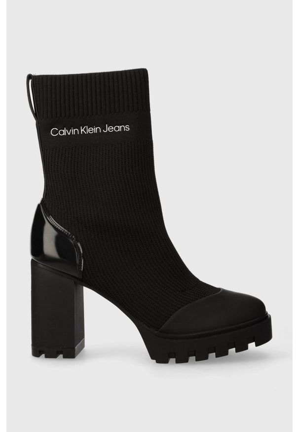 Calvin Klein Jeans botki PLATFORM KNIT SOCK KNIT WN damskie kolor czarny na słupku YW0YW01196. Nosek buta: okrągły. Kolor: czarny. Materiał: skóra. Obcas: na platformie. Wysokość obcasa: średni