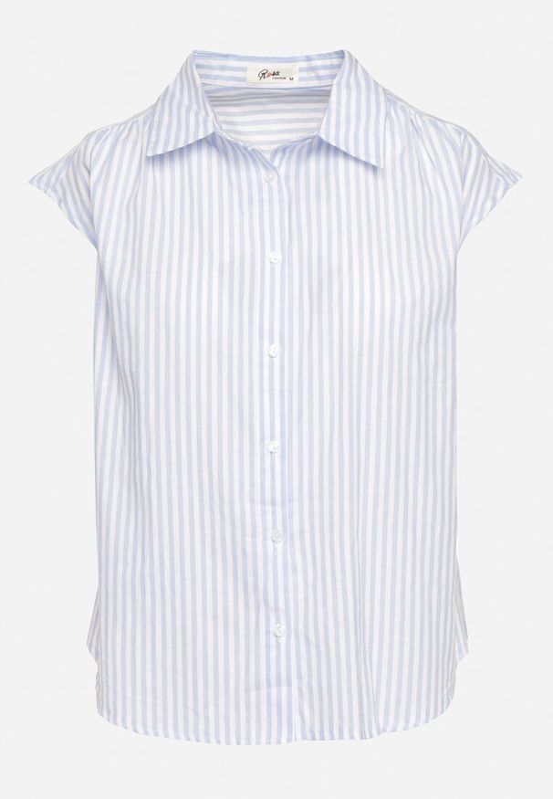 Born2be - Niebieska Bawełniana Koszula Bez Rękawów w Paski Zapinana na Guziki Loratia. Okazja: na spotkanie biznesowe. Kolor: niebieski. Materiał: bawełna. Długość rękawa: bez rękawów. Wzór: paski. Styl: biznesowy, elegancki, klasyczny