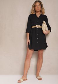 Renee - Czarna Pudełkowa Sukienka Bawełniana Oversize z Dekoltem w Serek Elavellis. Okazja: na co dzień. Typ kołnierza: dekolt w serek. Kolor: czarny. Materiał: bawełna. Typ sukienki: oversize. Styl: elegancki, casual #4