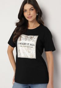 Born2be - Czarny Bawełniany T-shirt Ozdobiony Nadrukiem Nelltaria. Okazja: na co dzień. Kolor: czarny. Materiał: bawełna. Wzór: aplikacja, nadruk. Sezon: lato, wiosna. Styl: elegancki, casual