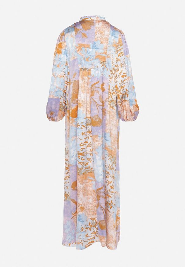 Born2be - Niebiesko-Fioletowa Rozkloszowana Sukienka Zapinana na Guziki Ozdobiona Marszczoną Gumką Soraffe. Okazja: na co dzień, na spacer. Kolor: niebieski. Materiał: zamsz. Długość rękawa: długi rękaw. Wzór: aplikacja. Typ sukienki: proste. Styl: klasyczny, casual