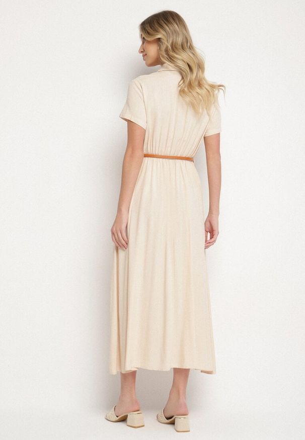 Born2be - Beżowa Wiskozowa Sukienka o Koszulowym Fasonie z Wąskim Paskiem Fillamea. Kolor: beżowy. Materiał: wiskoza. Wzór: aplikacja. Typ sukienki: koszulowe. Styl: elegancki