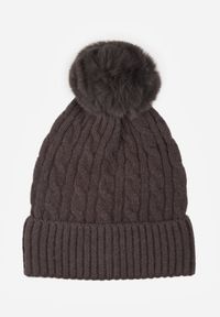 Renee - Szara Czapka z Pomponem Zdobiona Warkoczowym Splotem Vetizare. Kolor: szary. Wzór: aplikacja, ze splotem. Styl: casual, elegancki #1