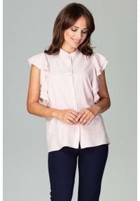 Katrus - Różowa Koszulowa Bluzka z Falbankowym Rękawem. Kolor: różowy. Materiał: poliester, elastan