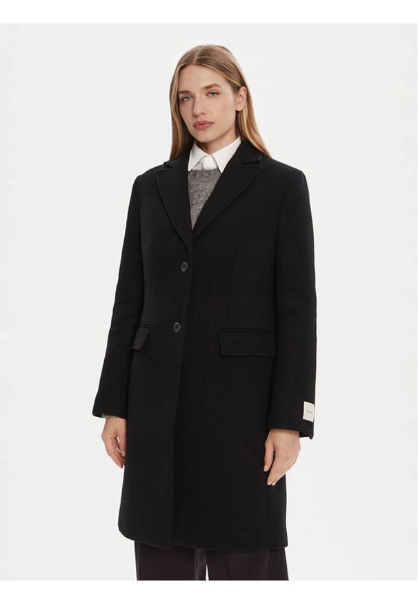 Calvin Klein Płaszcz wełniany LV044D558G Czarny Slim Fit. Kolor: czarny. Materiał: wełna