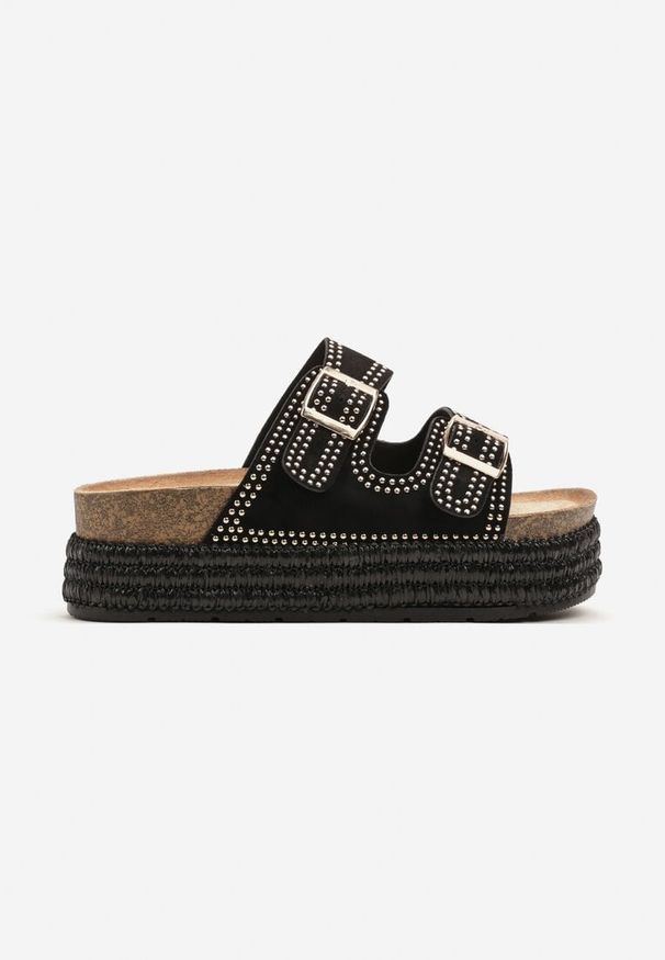 Born2be - Czarne Klapki z Paskami z Klamrami na Platformie z Plecionki Ulrivae. Okazja: na spacer. Nosek buta: otwarty. Kolor: czarny. Materiał: jeans. Sezon: lato, wiosna. Obcas: na platformie