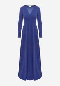 Born2be - Granatowa Rozkloszowana Sukienka z Dekoltem w Serek i Rozcięciem Zdobiona Metaliczną Nicią Emilandra. Typ kołnierza: dekolt w serek. Kolor: niebieski. Materiał: zamsz, materiał. Długość rękawa: długi rękaw. Wzór: aplikacja. Typ sukienki: kopertowe, rozkloszowane. Styl: wizytowy, klasyczny, elegancki #7