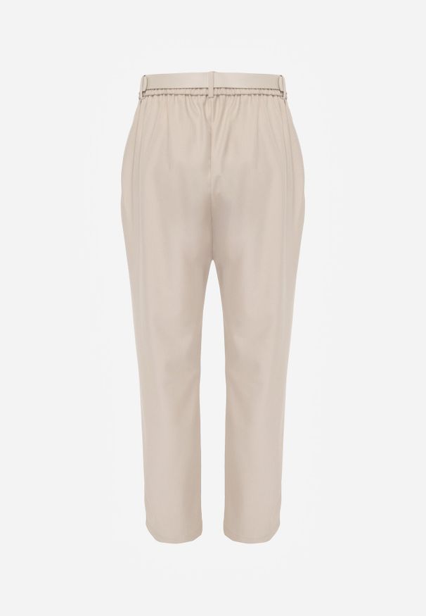 Born2be - Beżowe Eleganckie Spodnie Cygaretki z Wysokim Stanem i Paskiem z Klamerką Diminas. Okazja: na co dzień. Stan: podwyższony. Kolor: beżowy. Materiał: lakier. Wzór: gładki. Styl: elegancki