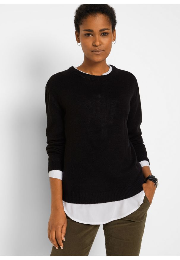 bonprix - Sweter dzianinowy z okrągłym dekoltem. Kolor: czarny. Materiał: dzianina. Długość: długie