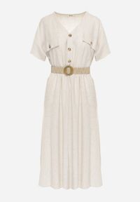 Born2be - Beżowa Bawełniana Sukienka Midi z Gumką w Pasie i Paskiem z Klamerką Daylia. Kolor: beżowy. Materiał: bawełna. Sezon: wiosna, lato. Długość: midi #6