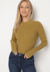 Born2be - Zielony Golf Ozdobiony Tłoczeniem Amilta. Okazja: na co dzień. Typ kołnierza: golf. Kolor: zielony. Materiał: jeans. Wzór: aplikacja. Styl: elegancki, casual #4