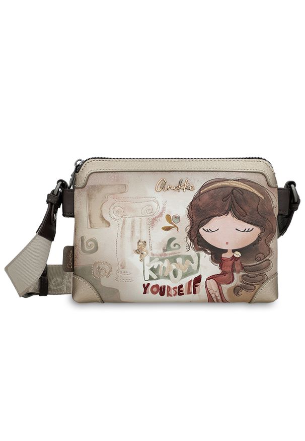 Torebka damska Anekke, listonoszka na ramię z regulowanym paskiem i 2 komorami, beżowa, 42703-160. Kolor: beżowy. Wzór: aplikacja. Materiał: zdobione. Styl: casual. Rodzaj torebki: na ramię