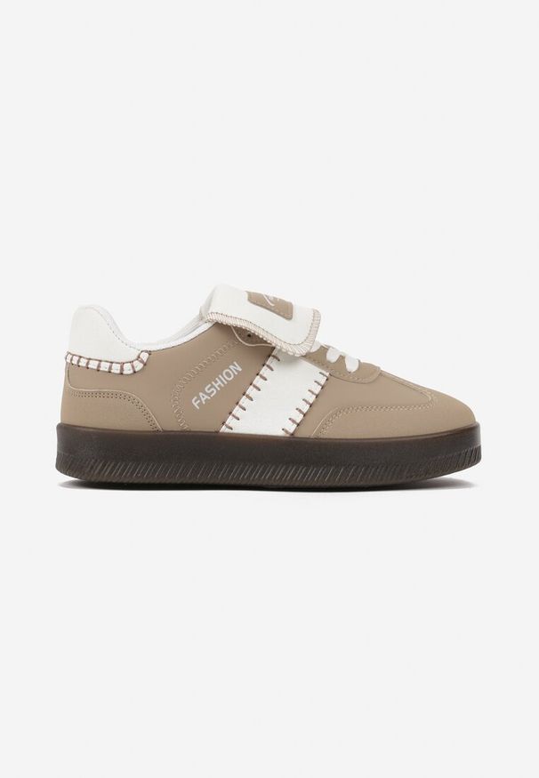 Born2be - Ciemnobeżowe Sneakersy na Grubej Podeszwie z Kontrastującymi Wstawkami i Wywiniętym Językiem Mirinae. Nosek buta: okrągły. Zapięcie: sznurówki. Kolor: beżowy. Materiał: materiał. Obcas: na obcasie. Wysokość obcasa: niski