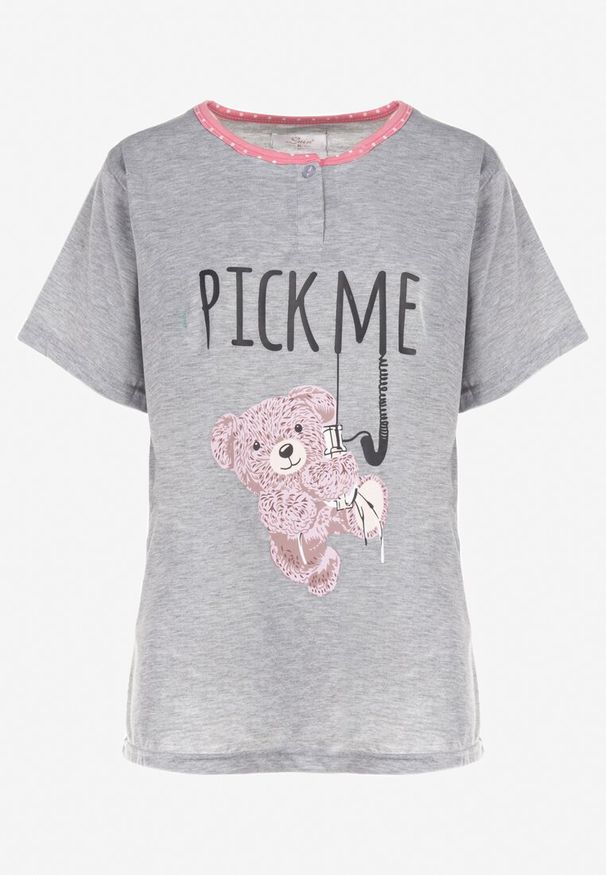 Born2be - Szaro-Różowy 2-Częściowy Komplet Piżamowy Achinna. Kolekcja: plus size. Kolor: szary. Materiał: dzianina. Długość: krótkie. Wzór: nadruk, aplikacja, kropki