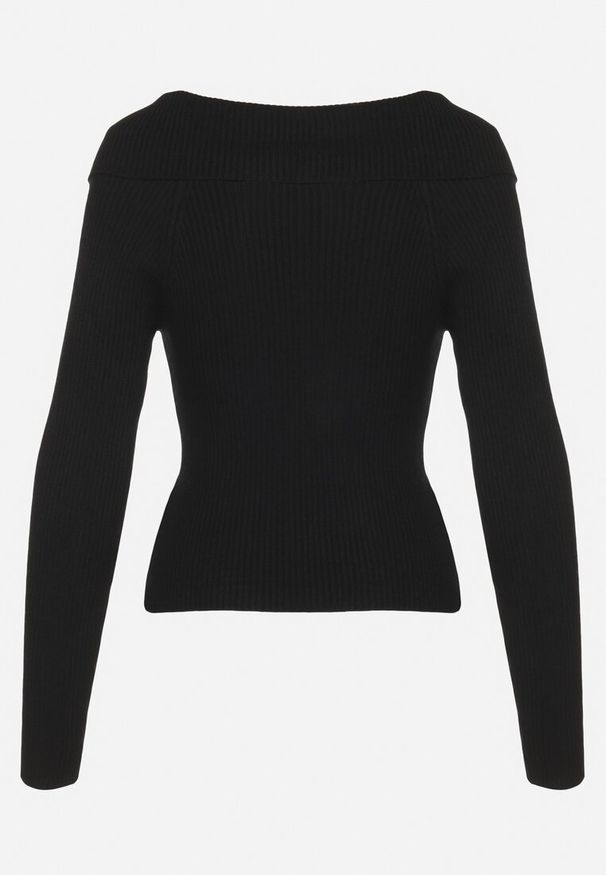 Born2be - Czarny Dopasowany Kardigan w Prążki Zapinany na Suwak z Szerokim Kołnierzem Zinleina. Okazja: do pracy, na co dzień. Kolor: czarny. Materiał: jeans. Wzór: prążki. Styl: casual, elegancki