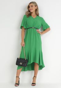 Born2be - Jasnozielona Sukienka Stamorus. Typ kołnierza: kołnierz z falbankami. Kolor: zielony. Długość rękawa: krótki rękaw. Wzór: aplikacja. Styl: klasyczny. Długość: midi #5