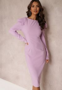 Renee - Fioletowa Liliowa Sukienka Taliowana z Bufiastym Rękawem Adarei. Kolor: fioletowy. Styl: elegancki. Długość: midi