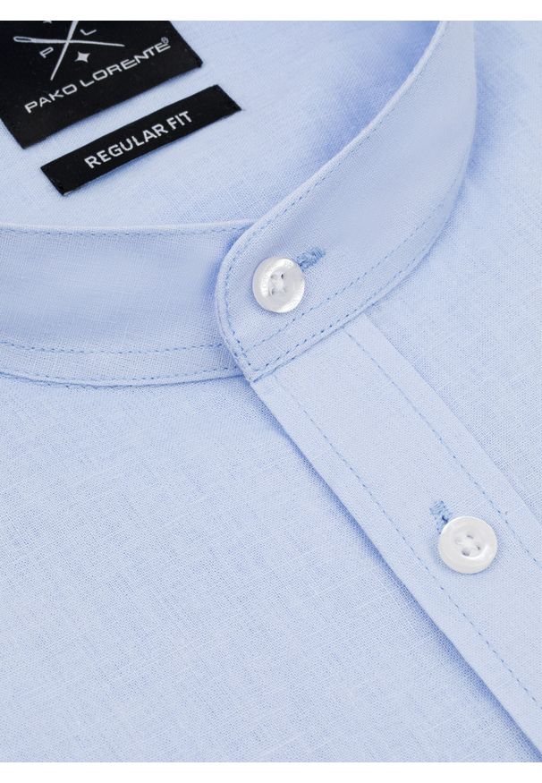 Pako Lorente - PAKO LORENTE - Niebieska koszula męska z lnu i bawełny. Typ kołnierza: kołnierzyk stójkowy. Kolor: niebieski, biały, czarny. Materiał: bawełna, len. Długość rękawa: długi rękaw. Długość: długie. Wzór: gładki. Sezon: wiosna