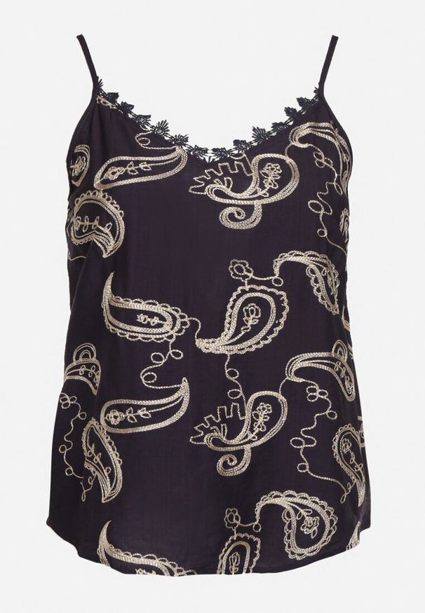 Born2be - Granatowy Top na Cienkich Ramiączkach z Haftem i Metaliczną Nicią Palinoria. Okazja: na co dzień, na spacer. Kolor: niebieski. Materiał: jeans. Długość rękawa: na ramiączkach. Wzór: haft. Styl: klasyczny, casual, elegancki