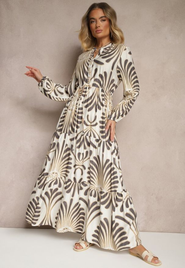 Renee - Czarno-Kremowa Rozkloszowana Sukienka z Wiskozą Zdobiona Roślinnym Printem Koriare. Okazja: na spotkanie biznesowe, do pracy, na co dzień. Typ kołnierza: dekolt w serek. Kolor: czarny. Materiał: wiskoza. Długość rękawa: długi rękaw. Wzór: nadruk, aplikacja. Typ sukienki: rozkloszowane. Styl: elegancki, casual, klasyczny, biznesowy