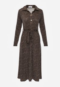 Renee - Brązowa Koszulowa Sukienka Midi z Wiązanym Paskiem Xudilla. Kolor: brązowy. Materiał: materiał. Typ sukienki: koszulowe. Długość: midi #2