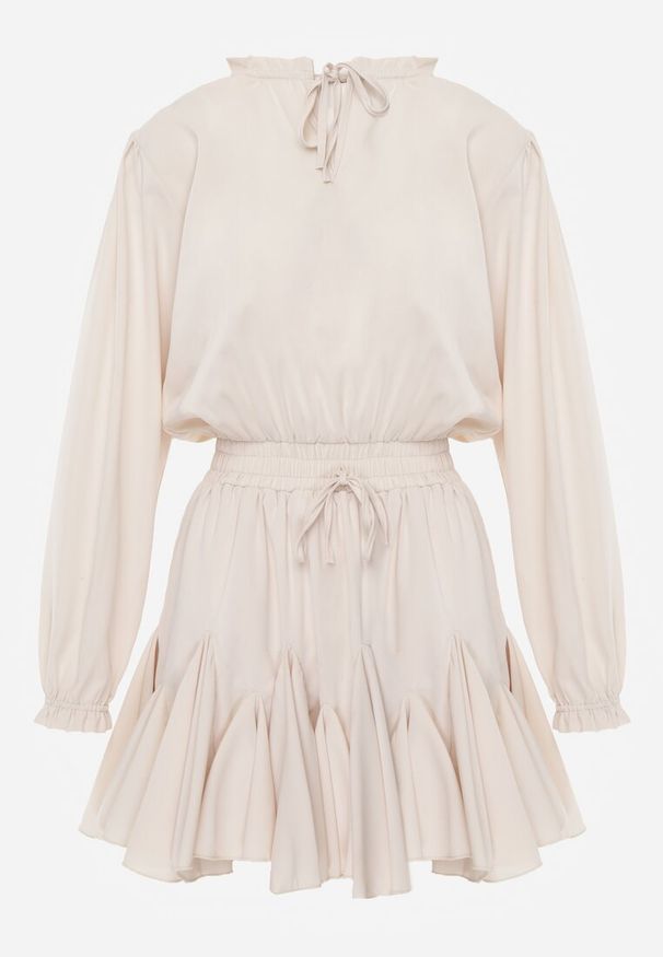 Renee - Beżowa Sukienka z Wiskozą o Rozkloszowanym Kroju z Falbankami i Wiązaniem Meriianes. Okazja: na randkę. Typ kołnierza: kołnierz z falbankami. Kolor: beżowy. Materiał: wiskoza. Styl: elegancki