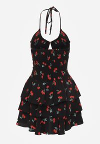 Renee - Czarna Sukienka Halter o Rozkloszowanym Kroju z Falbanami w Wisienki Lanelora. Okazja: na co dzień. Typ kołnierza: dekolt halter. Kolor: czarny. Materiał: bawełna. Styl: casual #7