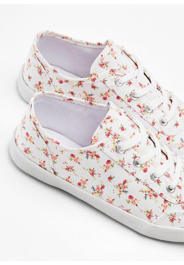 bonprix - Sneakersy z bawełnianego płótna. Kolor: biały. Materiał: bawełna. Wzór: kwiaty