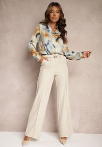 Renee - Jasnobeżowe Spodnie z Wiskozą o Szerokim Kroju High Waist z Paskiem Mavalise. Stan: podwyższony. Kolor: beżowy. Materiał: wiskoza. Styl: klasyczny, elegancki