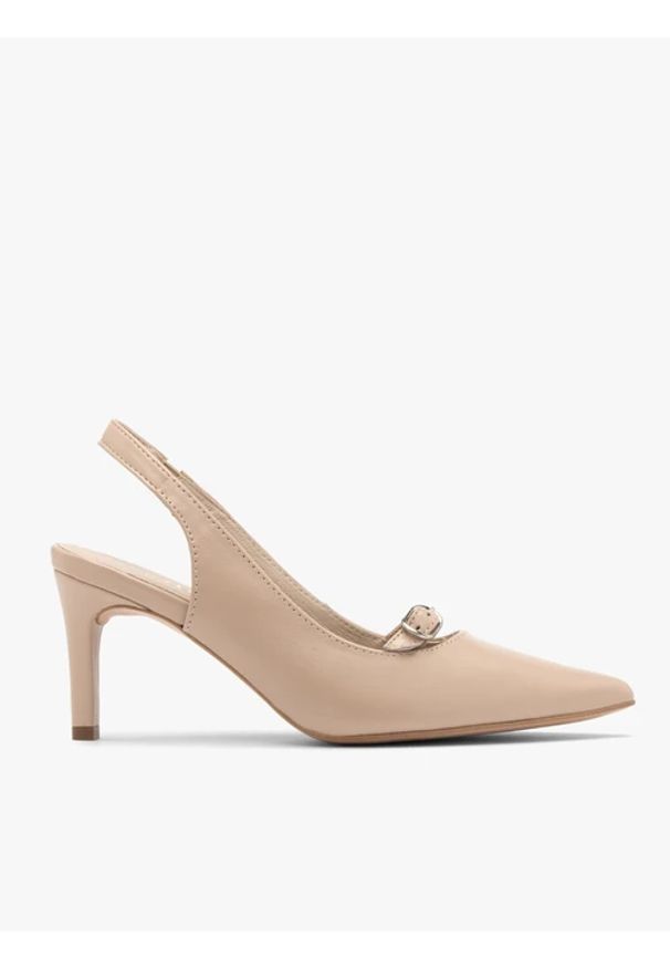 Ryłko - Beżowe czółenka typu slingback z ozdobnym paskiem. Zapięcie: pasek. Kolor: beżowy. Materiał: skóra. Szerokość cholewki: normalna. Obcas: na obcasie. Styl: street. Wysokość obcasa: średni