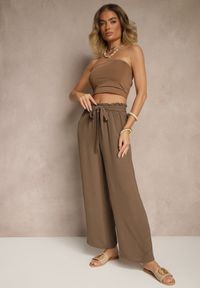 Renee - Ciemnobrązowe Spodnie z Wiskozą o Szerokim Kroju High Waist z Wiązaniem Ivelwia. Stan: podwyższony. Kolor: brązowy. Materiał: wiskoza. Sezon: lato