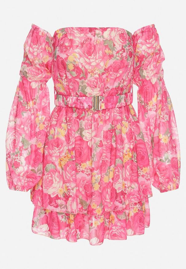 Born2be - Fuksjowa Wiskozowa Sukienka Hiszpanka z Falbanami i Paskiem w Kwiaty Virmoi. Okazja: na spacer, na co dzień. Typ kołnierza: dekolt hiszpanka. Kolor: różowy. Materiał: wiskoza. Wzór: kwiaty. Typ sukienki: proste. Styl: casual