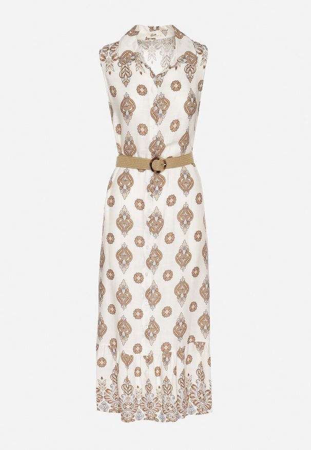 Born2be - Beżowa Wiskozowa Sukienka Koszulowa z Paskiem z Klamrą Eraniela. Okazja: na co dzień. Typ kołnierza: dekolt w kształcie V. Kolor: beżowy. Materiał: wiskoza. Typ sukienki: koszulowe. Styl: sportowy, klasyczny, elegancki, casual