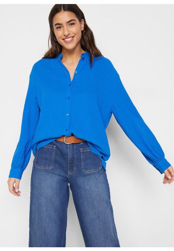 bonprix - Długa bluzka z przewiewnego muślinu. Kolor: niebieski. Materiał: bawełna. Długość: długie