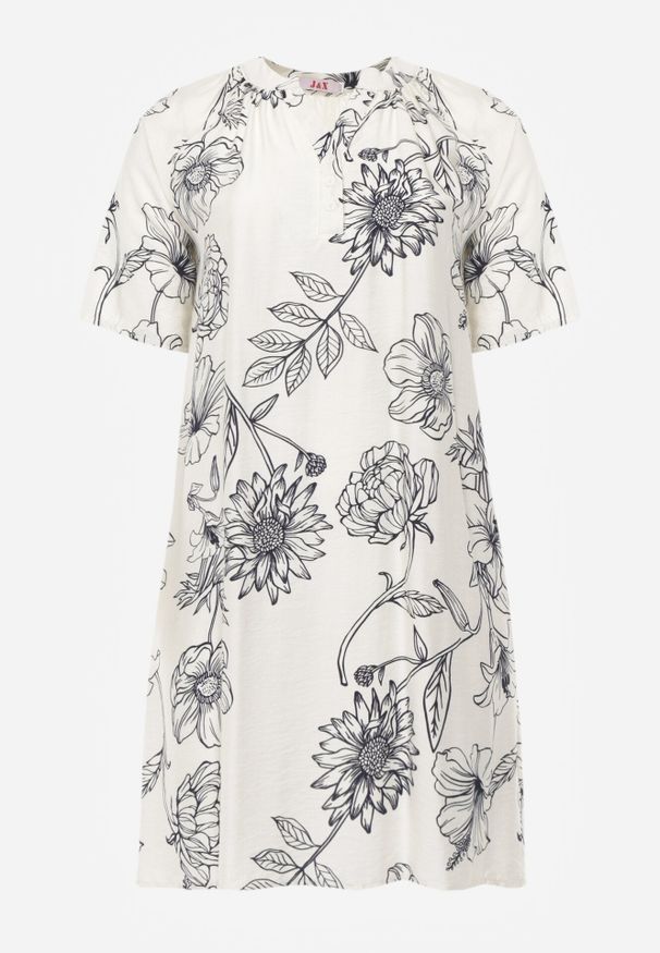 Born2be - Granatowo-Biała Sukienka z Wiskozy o Pudełkowym Kroju w Kwiatowy Print Reninca. Okazja: na co dzień. Kolekcja: plus size. Kolor: niebieski. Materiał: wiskoza. Wzór: nadruk, kwiaty. Sezon: lato. Typ sukienki: proste, dla puszystych. Styl: casual