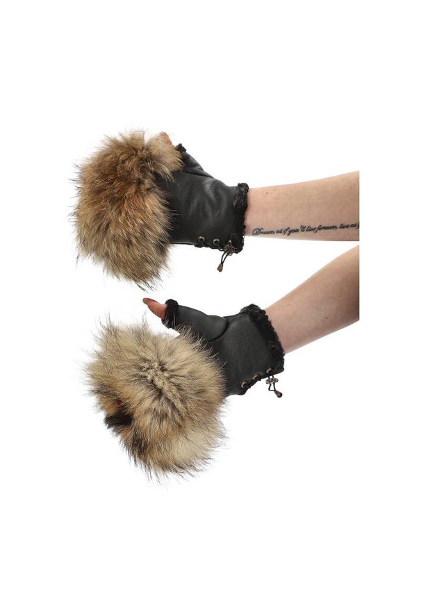 Brązowe Rękawiczki Luka-Pelli Skórzane Mitenki Z Naturalnym Futrem Jenota. Kolor: brązowy. Materiał: futro, skóra. Styl: elegancki