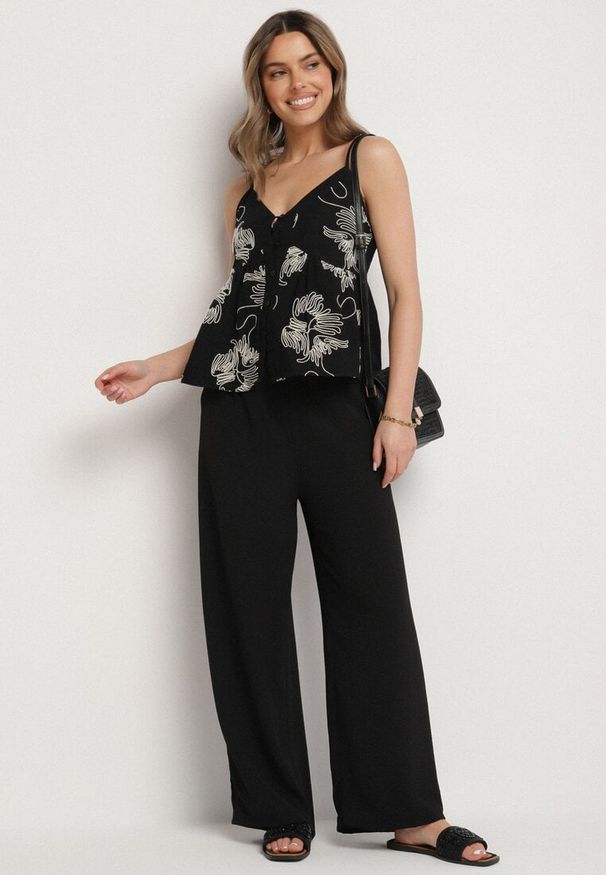 Born2be - Czarne Szerokie Spodnie z Wiskozą Wiązane w Pasie Zilenna. Okazja: na co dzień. Kolor: czarny. Materiał: wiskoza. Styl: klasyczny, casual, elegancki