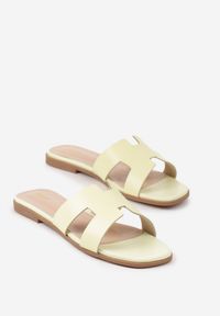 Born2be - Żółto-Zielone Klapki Vices z Geometryczną Cholewką Arlemia. Okazja: na spacer. Kolor: żółty. Materiał: jeans. Wzór: geometria. Sezon: lato. Obcas: na płaskiej podeszwie #4