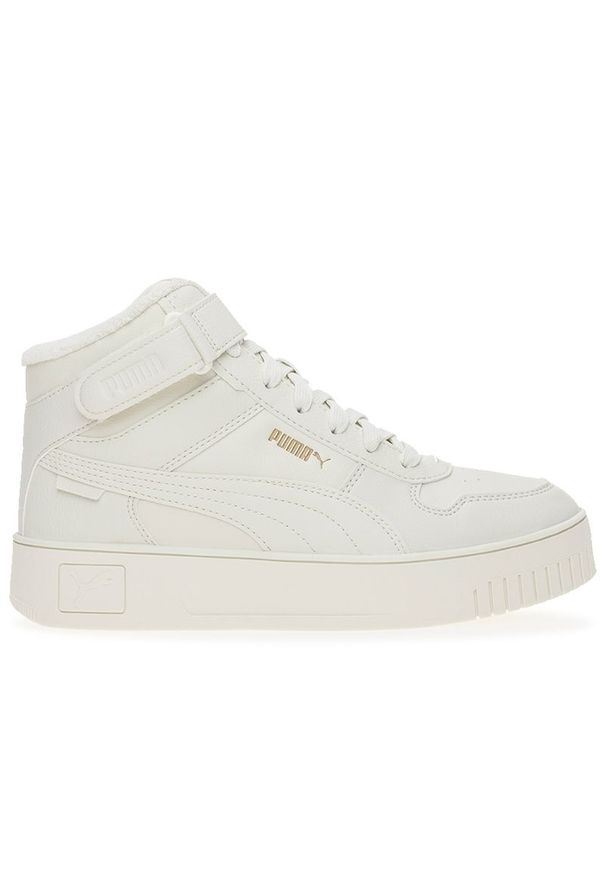 Buty Puma Carina Street Mid WTR 39805002 - białe. Okazja: na co dzień. Zapięcie: rzepy. Kolor: biały. Materiał: materiał, syntetyk, guma. Szerokość cholewki: normalna. Obcas: na platformie. Sport: koszykówka