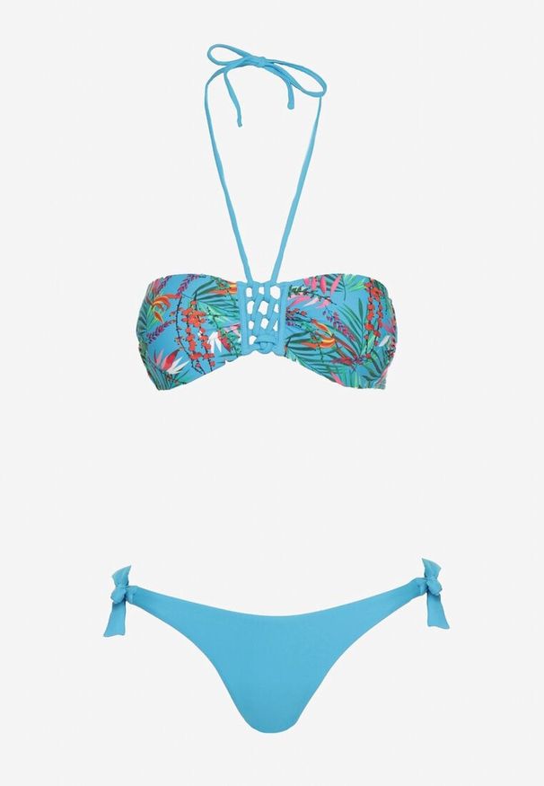 Born2be - Niebieskie Bikini Góra Wiązana na Szyi i Plecach z Ozdobną Plecionką Majtki Typu Figi z Wiązaniem po Bokach Silalaria. Kolor: niebieski