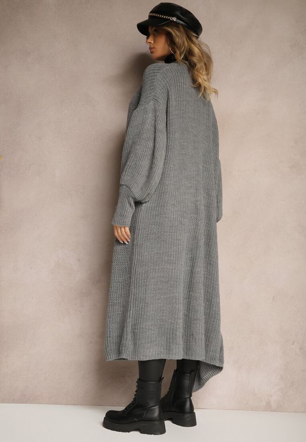 Renee - Szary Kardigan Długi z Bufiastym Rękawem Mesho. Kolor: szary. Materiał: jeans. Długość: długie. Styl: elegancki