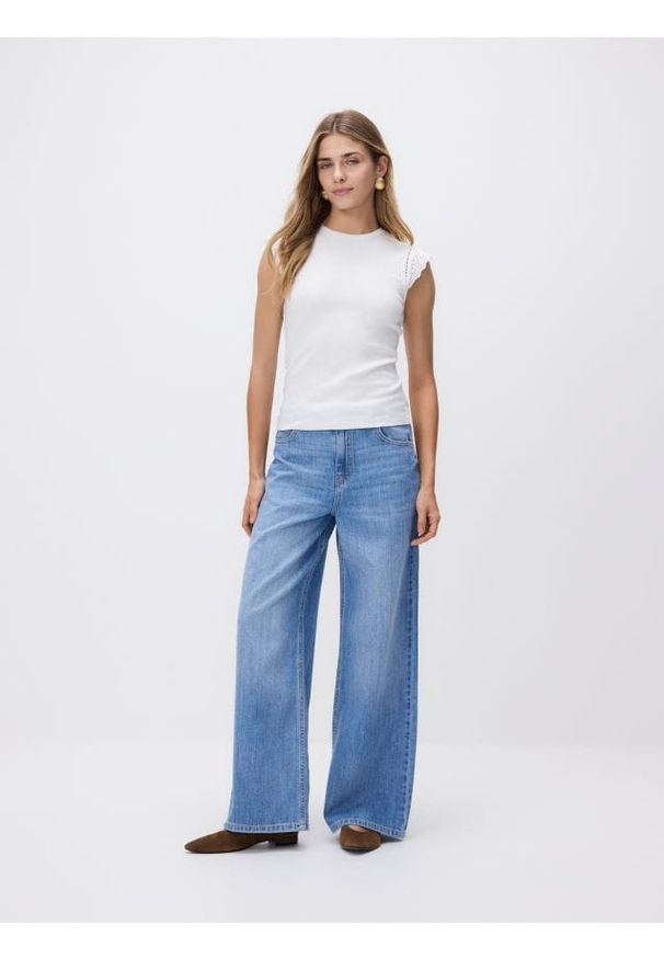 Reserved - Jeansy wide leg z wiązaniem - niebieski. Kolor: niebieski
