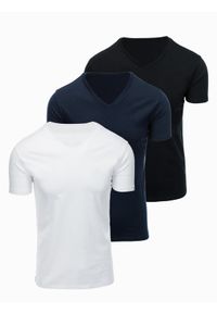 Ombre Clothing - Zestaw męskich t-shirtów bawełnianych V-neck BASIC – czarny/biały/granatowy V1 - Rozmiar: XXL. Okazja: na co dzień, do pracy. Typ kołnierza: dekolt w serek. Kolor: biały. Materiał: bawełna. Długość: długie. Wzór: jednolity, gładki. Styl: casual