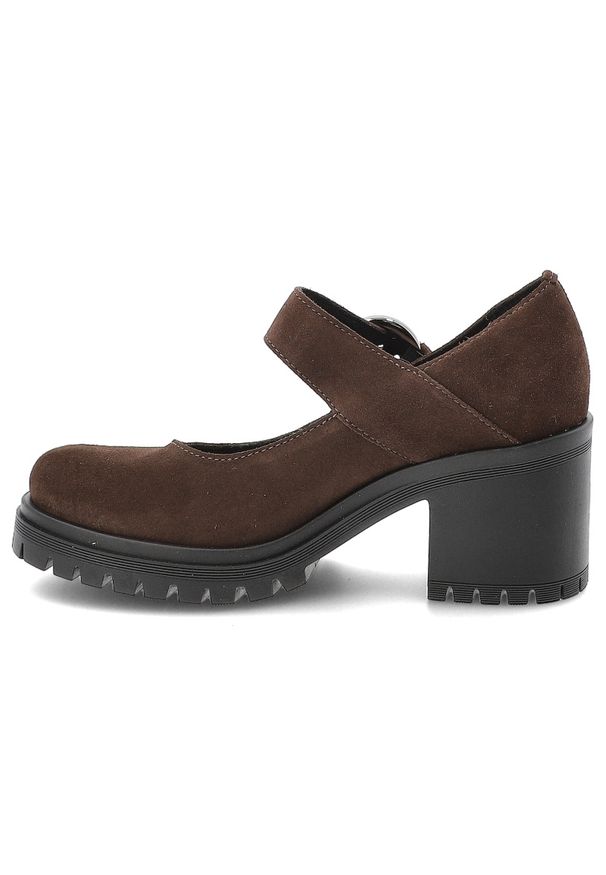 Armodo - Półbuty damskie Armdo, na masywnym obcasie z okrągłym noskiem skórzane i zapinane sprzączką, czekoladowe, 20166-W-Czekolada-Cn. Okazja: na co dzień, na spacer. Nosek buta: okrągły. Zapięcie: sprzączka. Kolor: brązowy. Materiał: skóra. Obcas: na obcasie. Styl: casual, klasyczny, elegancki. Wysokość obcasa: średni