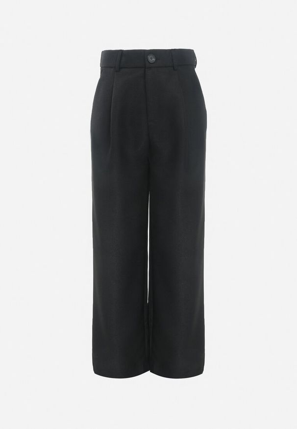 Born2be - Czarne Spodnie z Wysokim Stanem i Szerokimi Nogawkami Ozdobione Metaliczną Nicią Calondra. Stan: podwyższony. Kolor: czarny. Wzór: aplikacja