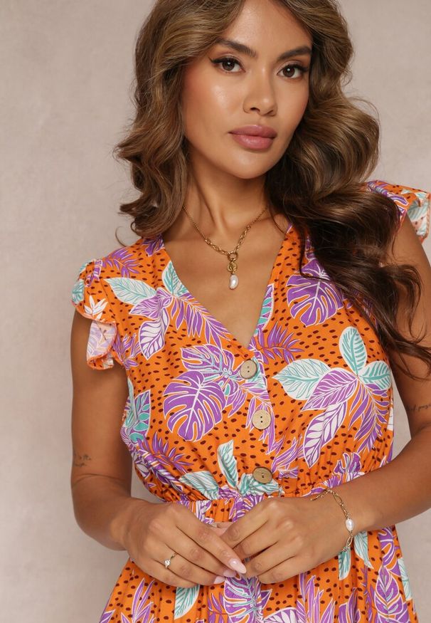 Renee - Pomarańczowa Wiskozowa Sukienka Mini z Gumką w Pasie i Ozdobnymi Guzikami Trypha. Typ kołnierza: kołnierz z falbankami. Kolor: pomarańczowy. Materiał: wiskoza. Długość: mini